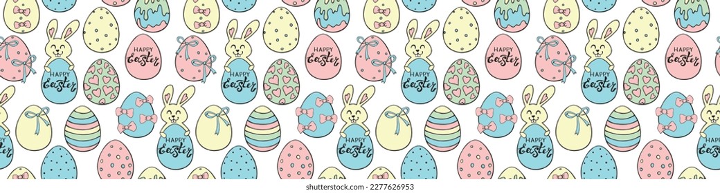 Vector seamless pattern with cute funny colorful easter bunnies with eggs and greeting inscriptions. Holiday backgrounds and textures in flat style