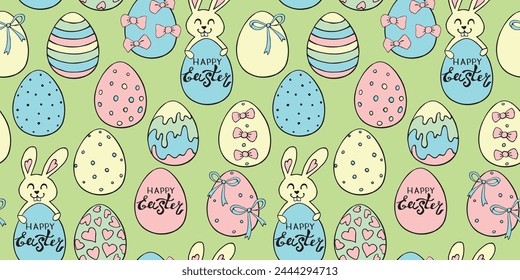 Vector seamless pattern with cute funny colorful easter bunnies with eggs and greeting inscriptions. Holiday backgrounds and textures in flat style