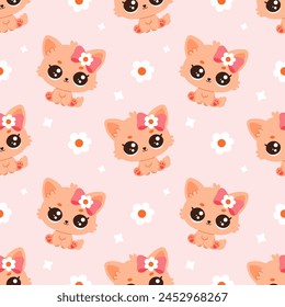 Vector seamless pattern with cute funny cats, kittens in cartoon style on pink background. Ideal children's design, for fabric, packaging, textiles, wallpaper, clothing