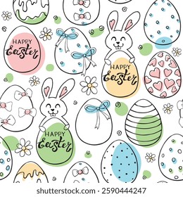 Vector seamless pattern with cute funny colorful easter bunnies with eggs, points, spots, stains and greeting inscriptions. Holiday backgrounds and textures in flat doodle style