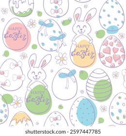 Vector seamless pattern with cute funny colorful easter bunnies with eggs, points, spots, stains and greeting inscriptions. Holiday backgrounds and textures in flat doodle style