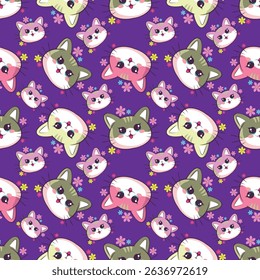 Vector seamless pattern with cute funny cats in cartoon style. Ideal kids design, for fabric, wrapping, textile, wallpaper, apparel