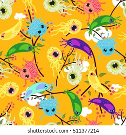 Vector seamless pattern with cute, funny childish design. Festive cartoon germs, monsters or bacteria. Funny face with big eyes. Cute bright colors. Perfect for wallpaper, background, cotton fabric