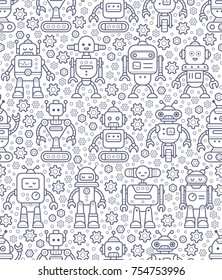 Vector seamless pattern with cute funny retro robots in trendy line style.