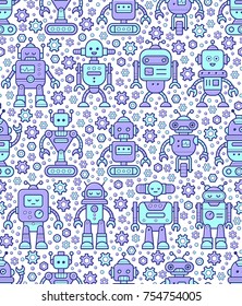 Vector seamless pattern with cute funny retro robots in trendy line style.