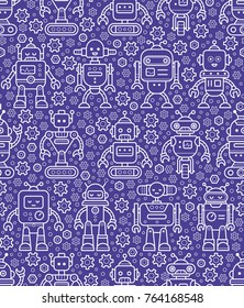 Vector seamless pattern with cute funny retro robots in trendy line style.