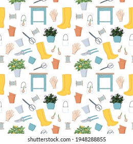 Vector seamless pattern with cute gardening tools and plants.