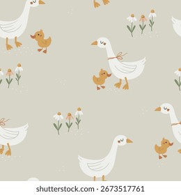 Patrón sin fisuras de Vector con gansos lindos sobre un fondo beige.