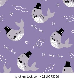 Vector seamless pattern with cute gentleman whale in hat,simple flat illustration,print for kids and baby fashion,textile,interior design,wallpaper,decoration,clip art on very peri background.