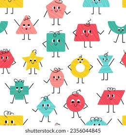 Vector seamless pattern with cute geometric figures. Trendy geometric shape characters with face on white background. Cute funny smiling shape characters for kids and children seamless pattern.