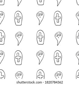 Vector seamless pattern with cute Ghosts, Graves, Tombstone, crosses. Doodle outline, black contour. Textured Background for Halloween design, fabric, wrap, textile, greeting card, party invitation