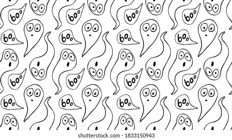 Vector seamless pattern with cute Ghosts. Background and texture for Halloween design, fabric, wrapping, textile, greeting card, party invitation.