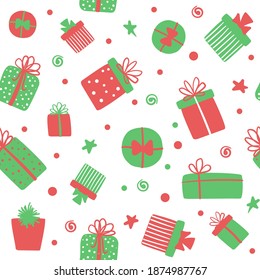 Vector Seamless Pattern With Cute Gift Boxes And Confetti. Christmas Background For Wrapping Papper, Wallpapers, Fabric Print