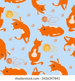 Vector seamless pattern with cute ginger cat, looking, sleeping, jumping and playing with knitting yarn.
