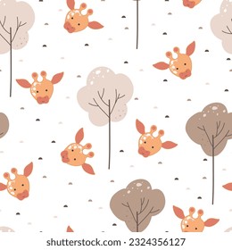 vector seamless pattern with cute giraffe head and tree on white background
