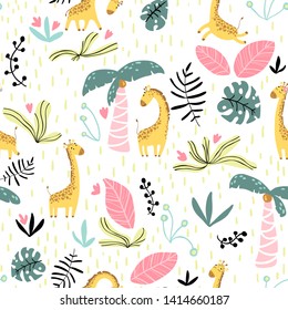 Vector seamless pattern with cute giraffes and tropical plants. Nursery texture in scandinavian style great for children's clothes,  fabric, textile, wallpapers, backgrounds. 