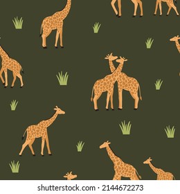 vector seamless pattern with cute giraffes, safari style textile repeat, dark background