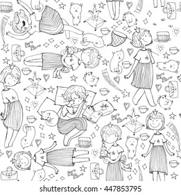 Vector seamless pattern with cute girl princess, cats. crown, bears, cakes, stars and hearts. Black and white illustration, hand drawn, good for wrapping paper, print, kids illustration, backgrounds