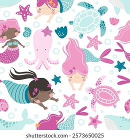 Vector seamless pattern with cute girls princess mermaids, fish, whale, turtle, octopus, shells, starfish and bubbles. Ocean. Sea. Creative kids texture for fabric, wrapping, textile, wallpaper. 