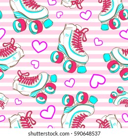 Vector seamless pattern with cute glamour roller skates. Girls. Sport. Love