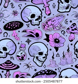 Vector seamless pattern with cute and gloomy atmosphere of skulls, animals and plants