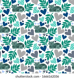 Vector seamless pattern with cute gray cat, branch and hearts. For the design of fabric, wrapping paper, wallpaper.