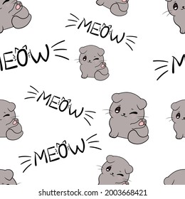 Vector Seamless Pattern, Cute Gray Kittens and Meows on White, Background Template.
