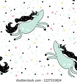 Vector seamless pattern with cute green unicorns and stars. Magic kids background. Perfect for wrapping presents, scrapbook pages, cards or party decorations