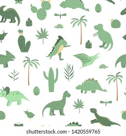 Vector seamless pattern with cute green dinosaurs with palm trees, cactus, stones, footprints, bones for children. Dino flat cartoon character background. Cute prehistoric reptile illustration.
