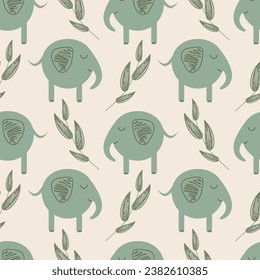 Vector seamless pattern Cute green elephant and branches on a beige background Baby illustration