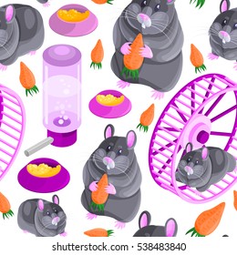 Vector seamless pattern, cute grey isometric hamster set