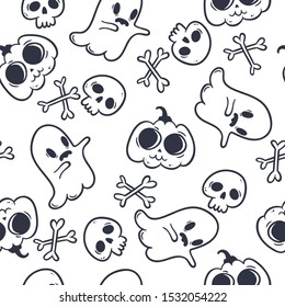 Vector seamless pattern with cute Halloween symbols isolated on white. Texture with funny cartoon characters for design of All Saints Day. Doodle art with skull, ghost and pumpkin in kawaii style.