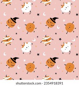 Vector seamless pattern with cute Halloween pumpkins with different characters.