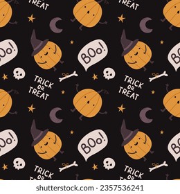 Vector seamless pattern with cute Halloween pumpkins on black background. .