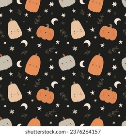 Vector seamless pattern with cute Halloween pumpkins with different characters.