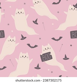 Vector seamless pattern with cute Halloween ghost cats.