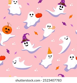 Vector seamless pattern of cute halloween ghost.  Different funny characters on pink background.