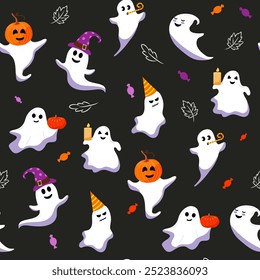 Vector seamless pattern. Cute halloween ghosts, candy and autumn leaves.  Different funny characters on black background.