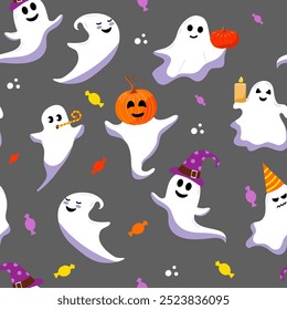 Vector seamless pattern of cute halloween ghost.  Different funny characters on grey background.