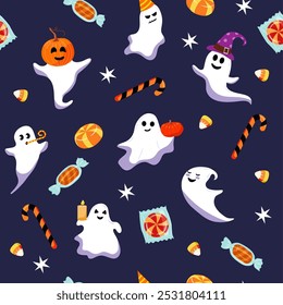 Vector seamless pattern. Cute halloween ghost and candy. Different funny characters on purple background.