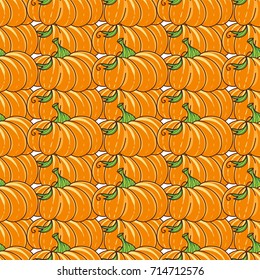 Vector seamless pattern. Cute Halloween Pumpkins with green leaves on white background. Perfect for cards, posters and more. Kids cartoon design, hand drawn illustration
