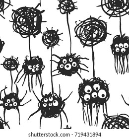Vector seamless pattern with cute Halloween spiders and their webs. Isolated on white background. Clipping paths included.