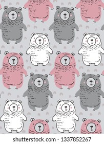 Vector seamless pattern with cute hand drawn bears. Endless background. Illustration for cards, invitations, baby shower, preschool and children room decoration