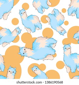 Vector seamless pattern with cute hand draw llama on white background with orange drops