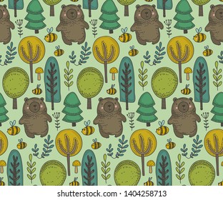 Vector seamless pattern with cute hand drawn bear and bee in the forest. Colorful endless background for textile, wrapping paper, cards, invitations, preschool and children room decoration
