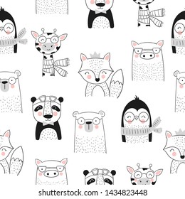 Vector seamless pattern with cute hand drawn animals. Poster with adorable objects on background. Valentine's day, anniversary, save the date, baby shower, bridal, birthday, decoration