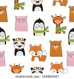 Vector seamless pattern with cute hand drawn animals. Poster with adorable objects on background. Valentine's day, anniversary, save the date, baby shower, bridal, birthday, decoration