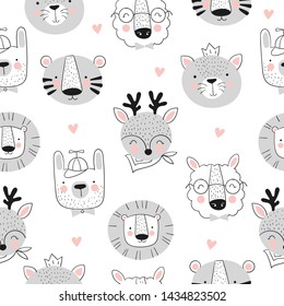 Vector seamless pattern with cute hand drawn animals. Poster with adorable objects on background. Valentine's day, anniversary, save the date, baby shower, bridal, birthday, decoration