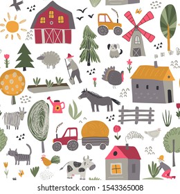 Vector seamless pattern with cute hand drawn farm animals, trees, houses, tractor, mill. Childish texture for fabric, textile, apparel. Endless background for children