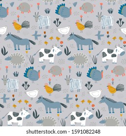 Vector seamless pattern with cute hand drawn farm animals. Childish texture for fabric, textile, apparel. Endless background for children